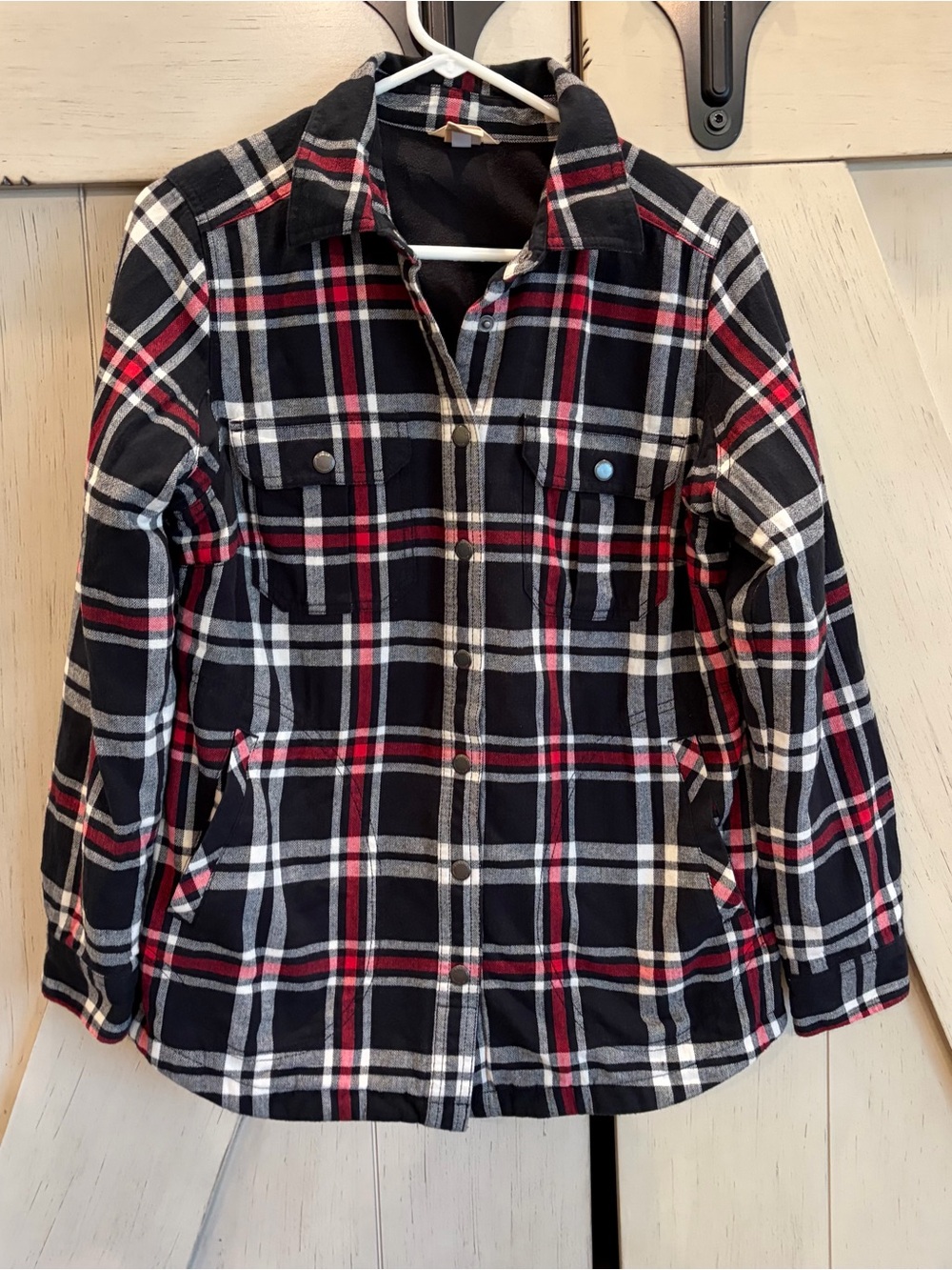 Duluth Trading Black & Red Plaid Button-Up Shirt Jacket Fleece Lined Size Small